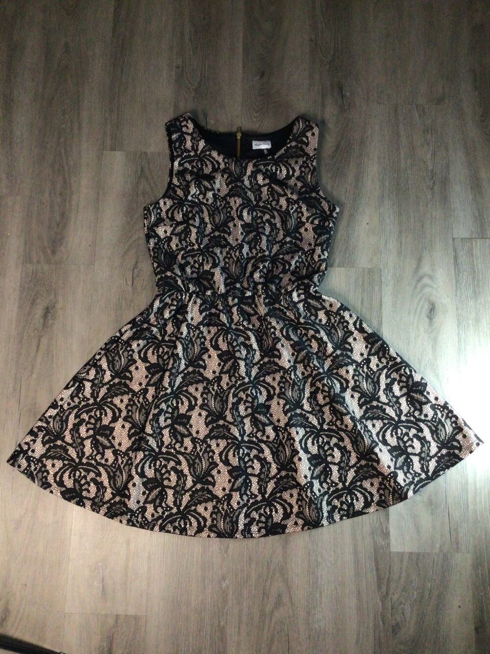 Brigitte Bailey Fit & Flare Mini Dress Womens M Black Lace Sleeveless Back Zip